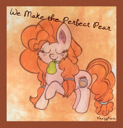 Size: 1223x1280 | Tagged: safe, artist:krazykari, derpibooru import, pear butter, pony, food, mouth hold, pear, solo