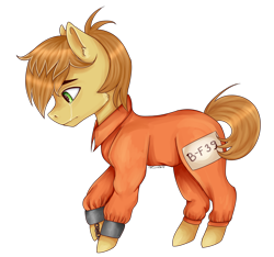 Size: 1882x1763 | Tagged: safe, artist:naturallightning, feather bangs, pony, hard to say anything, clothes, crying, cuffed, cuffs, handcuffed, prison outfit, prisoner, shackles, simple background, solo, transparent background