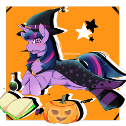 Size: 1700x1700 | Tagged: safe, artist:polarisbunny, artist:sunny-dean, derpibooru import, twilight sparkle, twilight sparkle (alicorn), alicorn, book, clothes, costume, cute, halloween, holiday, jack-o-lantern, mouth hold, nightmare night, potion, prone, pumpkin, signature, socks, solo, striped socks, twiabetes, wand, witch costume