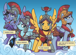 Size: 850x622 | Tagged: safe, artist:brendahickey, idw, bella breeze, flash magnus, grimhoof, nimbus dash, pegasus, pony, legends of magic, spoiler:comic, spoiler:comiclom4, armor, cape, clothes, cloud, cloudsdale, eye scar, female, helmet, male, mare, official comic, quartet, royal legion, scar, spread wings, stallion, wings