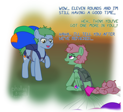 Size: 1442x1302 | Tagged: safe, artist:phallen1, derpibooru import, oc, oc only, oc:software patch, oc:windcatcher, atg 2018, dialogue, double entendre, exhausted, female, male, messy mane, newbie artist training grounds, parachute, simple background, sitting, straight, tired, transparent background, windpatch