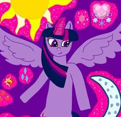 Size: 952x913 | Tagged: safe, artist:katya, derpibooru import, twilight sparkle, twilight sparkle (alicorn), alicorn, pony, cutie mark, cutie mark background, female, flying, levitation, magic, mare, simple background, solo, telekinesis, wing spreading