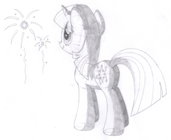 Size: 1678x1373 | Tagged: safe, artist:aafh, twilight sparkle, pony, unicorn, fireworks, monochrome, solo, traditional art