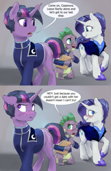 Size: 1980x3060 | Tagged: safe, artist:silfoe, derpibooru import, rarity, spike, twilight sparkle, unicorn twilight, dragon, pony, unicorn, alternate timeline, alternate universe, blushing, clothes, comic, dialogue, embarrassed, female, flirting, gradient background, implied lesbian, implied rarilight, implied shipping, implied sparity, implied straight, male, mare, moonsetmlp, night maid rarity, raised hoof, rekt, scrunchy face, shipping, slit eyes, sparity, speech bubble, straight, uniform