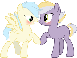 Size: 3708x2774 | Tagged: safe, artist:mikoneerd, derpibooru import, oc, oc only, oc:apple stone, oc:risky luck, earth pony, pegasus, pony, blushing, female, high res, lesbian, magical lesbian spawn, mare, oc x oc, offspring, offspring shipping, parent:applejack, parent:fluttershy, parent:limestone pie, parent:soarin', parents:limejack, parents:soarinshy, shipping, simple background, transparent background