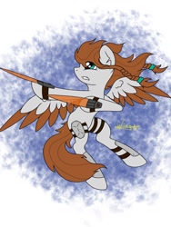 Size: 768x1024 | Tagged: safe, artist:wing, derpibooru import, oc, oc:scarlett drop, pegasus, pony, angry, female, large wings, looking at each other, looking up, pigtails, solo, teeth, weapon, wings