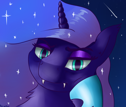 Size: 1980x1680 | Tagged: safe, artist:dukevonkessel, derpibooru import, nightmare moon, alicorn, pony, bored, bust, ethereal mane, eyeshadow, fangs, female, looking at you, makeup, mare, night, portrait, solo, stars