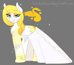 Size: 1789x1570 | Tagged: safe, alternate version, artist:liziedoodle, derpibooru import, oc, oc only, oc:golden mellow, crystal pony, pegasus, pony, swan, clothes, dress, female, heart, mare, music notes, shoes, solo