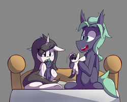 Size: 1250x1000 | Tagged: safe, artist:malphee, oc, oc only, oc:charlie, oc:kiwi, bat pony, pony, unicorn, bed, female, gray background, male, mare, plushie, simple background, stallion