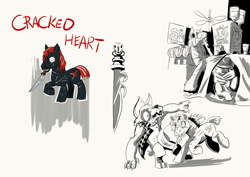 Size: 1024x725 | Tagged: safe, artist:lytlethelemur, derpibooru import, oc, oc only, oc:cracked heart, oc:gimbal lock, oc:mutt, diamond dog, earth pony, pegasus, pony, cider, comic, knife, roleplaying is magic, scar, violence