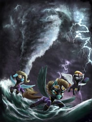 Size: 1400x1860 | Tagged: safe, artist:nemo2d, derpibooru import, lightning dust, pegasus, pony, clothes, costume, goggles, lightning, shadowbolts, shadowbolts (nightmare moon's minions), shadowbolts costume, storm, tornado, water