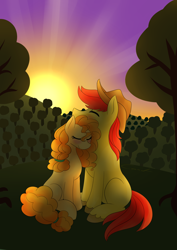 Size: 1024x1448 | Tagged: safe, artist:katrittaja, derpibooru import, bright mac, pear butter, earth pony, pony, the perfect pear, applejack's parents, brightbutter, couple, cowboy hat, eyes closed, female, hat, husband and wife, male, mare, shipping, sitting, stallion, stetson, straight, sunset