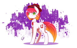 Size: 1920x1200 | Tagged: safe, artist:laptop-pone, oc, oc only, oc:joey, pony, abstract background, ear piercing, female, gradient mane, green eyes, hairband, hat, piercing, purple background, signature, smiling, solo