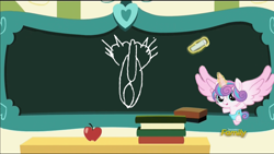 Size: 1920x1080 | Tagged: safe, edit, edited screencap, screencap, princess flurry heart, pony, a flurry of emotions, chalkboard, discovery family logo, exploitable meme, flurry art, flurry heart's chalkboard, meme, putin's cat, solo