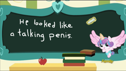 Size: 1280x720 | Tagged: safe, edit, edited screencap, screencap, princess flurry heart, pony, a flurry of emotions, chalkboard, discovery family logo, exploitable meme, flurry art, flurry heart's chalkboard, meme, samurai jack, solo, vulgar