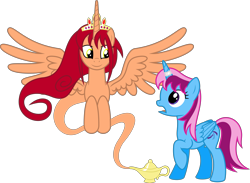 Size: 8745x6400 | Tagged: safe, artist:parclytaxel, oc, oc only, oc:khunis jirall, oc:parcly taxel, alicorn, genie pony, pony, .svg available, absurd resolution, alicorn oc, alicorns only, crown, female, floating, gem, genie, horn ring, jewelry, lamp, looking down, looking up, male, mare, open mouth, raised hoof, regalia, shocked, simple background, smiling, spread wings, stallion, transparent background, vector, wings