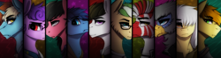 Size: 3965x1045 | Tagged: safe, artist:dino_horse, derpibooru import, oc, oc only, oc:enigma, oc:fuzzy wuzzy, oc:jade, oc:midnight, oc:octavian, oc:pillow fort, oc:pipe dream, oc:prince, oc:scout's honor, oc:technical circuits, earth pony, griffon, pegasus, pony, unicorn, zebra, fallout equestria, armor, bust, clothes, dragon ball super, glasses, group, hair over one eye, line-up, serious, tournament of power, vault suit