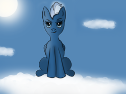 Size: 1890x1417 | Tagged: safe, night glider, pony, cloud, lidded eyes, sitting, sky, smiling, solo, sun