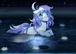 Size: 2500x1770 | Tagged: safe, artist:verawitch, derpibooru import, oc, oc only, oc:nebulae, pony, commission, female, mare, pond, smiling, solo, water, ych result