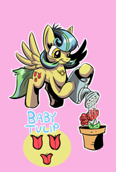 Size: 1024x1517 | Tagged: safe, artist:lytlethelemur, derpibooru import, oc, oc:baby tulip, pegasus, pony, flower, roleplaying is magic, solo