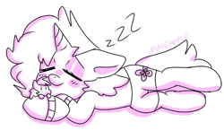 Size: 505x294 | Tagged: safe, artist:probablyapineapple, derpibooru import, oc, oc:sakura, unicorn, blushing, clothes, eyes closed, eyeshadow, makeup, messy mane, monochrome, plushie, sleeping, socks, sweater, zzz