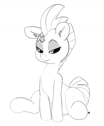 Size: 1280x1543 | Tagged: safe, artist:pabbley, tempest shadow, pony, unicorn, my little pony: the movie, 30 minute art challenge, broken horn, female, grayscale, lidded eyes, mare, monochrome, sitting, sketch, solo