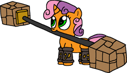 Size: 1422x813 | Tagged: safe, artist:blackrhinoranger, derpibooru import, sweetie belle, barbella, clothes, cosplay, costume, crossover, dumbell, mouth hold, skylanders