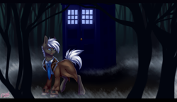 Size: 2930x1700 | Tagged: safe, artist:pinktabico, derpibooru import, oc, oc only, pony, bbc, clothes, commission, doctor who, forest, male, open mouth, scenery, tardis