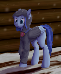 Size: 877x1068 | Tagged: safe, artist:transgressors-reworks, derpibooru exclusive, oc, oc only, oc:safety first, pegasus, pony, 4chan, clothes, goggles, hoodie, snow, solo, winter