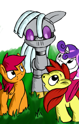 Size: 1271x1987 | Tagged: safe, artist:greenfinger, derpibooru import, apple bloom, scootaloo, sweetie belle, oc, oc:turing test, earth pony, pegasus, pony, robot, robot pony, unicorn, fanfic:the iron horse: everything's better with robots, cutie mark crusaders, fanfic, fanfic art, simple background, transparent background