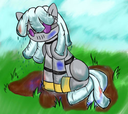 Size: 1672x1489 | Tagged: safe, artist:greenfinger, derpibooru import, oc, oc only, oc:turing test, pony, robot, robot pony, fanfic:the iron horse: everything's better with robots, fanfic, fanfic art, mud, sad