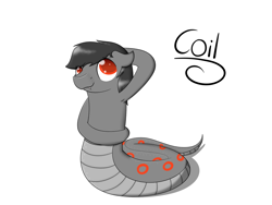 Size: 1600x1200 | Tagged: safe, artist:hartenas, oc, oc only, oc:coil, lamia, original species, snake pony, armpits, simple background, solo