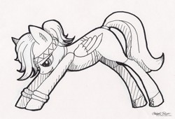 Size: 1779x1211 | Tagged: safe, artist:cloclo2388, oc, oc only, oc:escuda, pegasus, pony, female, mare, monochrome, solo