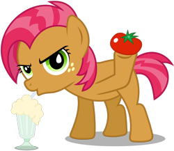 Size: 1600x1391 | Tagged: safe, derpibooru import, babs seed, one bad apple, babs seed song, food, ice cream, looking at you, simple background, solo, tomato, transparent background