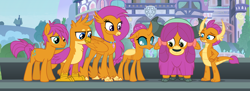 Size: 6000x2195 | Tagged: safe, derpibooru import, edit, edited screencap, screencap, gallus, ocellus, sandbar, silverstream, smolder, yona, changedling, changeling, classical hippogriff, dragon, earth pony, griffon, hippogriff, pony, yak, school daze, cloven hooves, dragoness, female, lidded eyes, male, palette swap, raised eyebrow, recolor, smiling, smirk, student six, teenager, wat