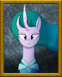 Size: 1200x1500 | Tagged: safe, artist:egstudios93, derpibooru import, mistmane, pony, bust, clothes, curved horn, portrait, shirt, solo