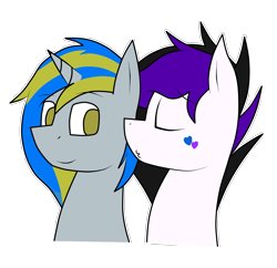 Size: 2023x1960 | Tagged: safe, artist:patataislive, derpibooru import, oc, oc only, oc:songsky, pegasus, pony, unicorn, black hair, colored, couples, crush, cute, design, duo, female, golden eyes, kissing, love, male, mare, oc x oc, photoshop, purple hair, romance, shipping, simple background, skyblue eyes, stallion, straight, transparent background, vector, yellow hair