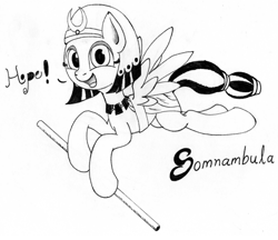 Size: 1676x1448 | Tagged: safe, artist:lunem0on, derpibooru import, somnambula, pegasus, pony, female, hope, hope (pole), lineart, mare, monochrome, pole, solo, staff, stick