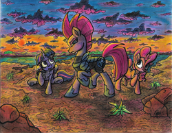 Size: 3223x2500 | Tagged: safe, artist:artponymdp, derpibooru import, pinkie pie, tempest shadow, twilight sparkle, twilight sparkle (alicorn), alicorn, earth pony, pony, armor, broken horn, eye scar, raised hoof, scar, traditional art