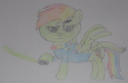 Size: 3138x2046 | Tagged: safe, artist:thunder-streak-mlp, derpibooru import, oc, oc only, oc:prince thunder streak, pegasus, pony, angry, clothes, collar, lightsaber, raised hoof, scar, solo, star wars, the force, traditional art, weapon