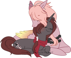 Size: 1024x839 | Tagged: safe, artist:t-aroutachiikun, derpibooru import, pegasus, pony, unicorn, clothes, gay, kashuu kiyomitsu, male, ponified, prone, scarf, shipping, simple background, souza samonji, stallion, touken ranbu, transparent background