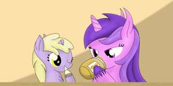 Size: 2688x1344 | Tagged: safe, artist:dinkyuniverse, amethyst star, dinky hooves, sparkler, pony, unicorn, chest fluff, eating, female, filly, food, giggling, grin, jar, licking, mare, messy eating, one eye closed, peanut, peanut butter, siblings, simple background, sisterly sparkler, sisters, smiling, that pony sure loves peanut butter, unshorn fetlocks