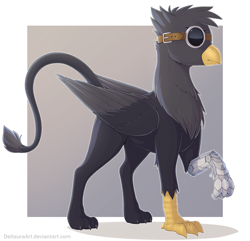 Size: 2434x2348 | Tagged: safe, artist:deltauraart, derpibooru import, oc, oc:wildcard, griffon, fanfic:austraeoh, amputee, fanfic art, goggles, prosthetic limb, prosthetics, solo