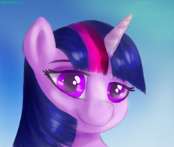 Size: 1980x1680 | Tagged: safe, artist:dukevonkessel, derpibooru import, twilight sparkle, bust, female, horn, looking at you, mare, portrait, sky, smiling