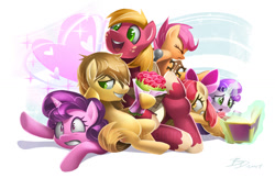 Size: 1082x700 | Tagged: safe, artist:imdrunkontea, apple bloom, big macintosh, feather bangs, scootaloo, sugar belle, sweetie belle, pony, unicorn, hard to say anything, cutie mark crusaders, female, filly, male, mare, stallion, sugar belle gets all the stallions