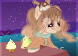 Size: 1280x933 | Tagged: safe, artist:cute---cat, derpibooru import, oc, earth pony, ghost, pony, cupcake, female, food, mare, night, solo