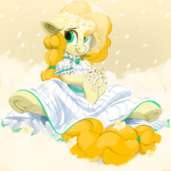 Size: 3000x3000 | Tagged: safe, artist:dimfann, derpibooru import, pear butter, earth pony, pony, beautiful, bouquet, bride, clothes, cute, dress, female, floppy ears, floral head wreath, flower, flower in hair, frog (hoof), high res, hoof hold, looking at you, looking sideways, mare, pearabetes, sitting, smiling, solo, spread legs, spreading, underhoof, wedding dress