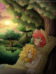 Size: 1219x1597 | Tagged: safe, artist:kikirdcz, bright mac, pear butter, human, the perfect pear, apple tree, applejack's parents, brightbutter, clothes, cowboy hat, cuddling, eyes closed, female, flower, flower in hair, hat, humanized, husband and wife, male, shipping, stetson, straight, tree