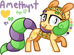 Size: 1351x993 | Tagged: safe, artist:amberpone, oc, oc only, oc:amethyst, bat pony, gecko, hybrid, pony, bat eyes, cutie mark, fangs, female, food, gray, gray eyes, green, happy, long tail, mane, mare, orange, original character do not steal, original style, pegasister, purple, shading, simple background, smiling, standing, tail, teenager, transparent background, yellow