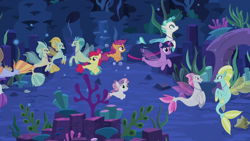 Size: 1280x720 | Tagged: safe, derpibooru import, screencap, apple bloom, scootaloo, sweetie belle, terramar, twilight sparkle, twilight sparkle (alicorn), alicorn, seapony (g4), surf and/or turf, background sea pony, cutie mark crusaders, sea-mcs, seaponified, seapony apple bloom, seapony scootaloo, seapony sweetie belle, seapony twilight, seaquestria, species swap, swimming, underwater